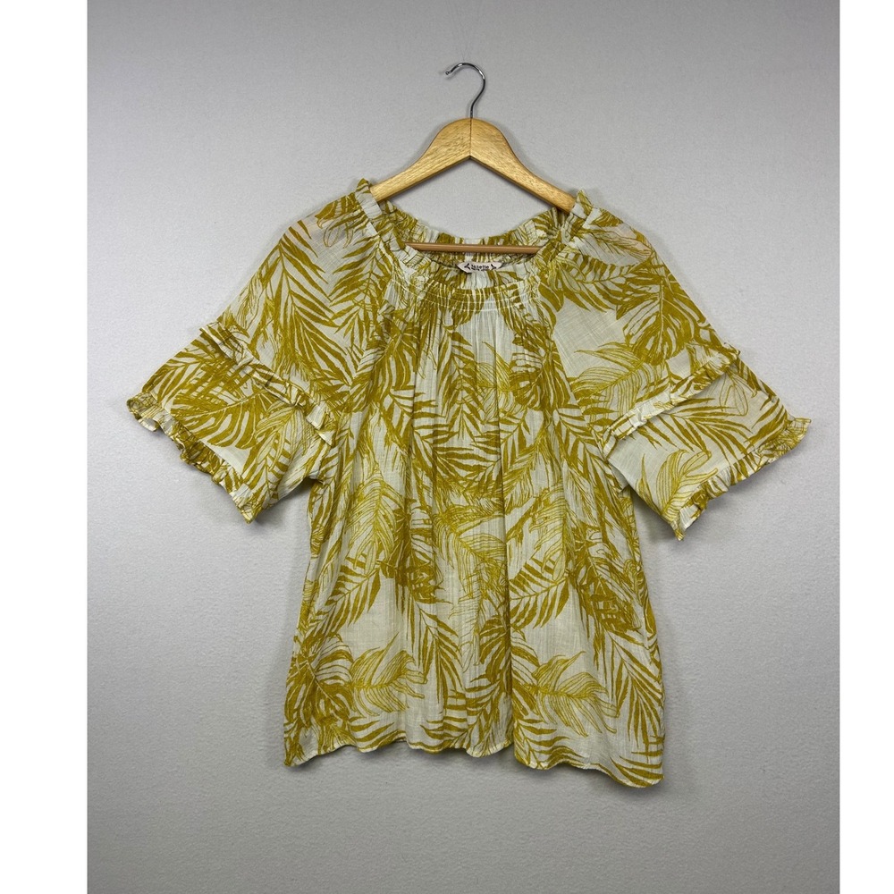 Boho Tropical Nanette Lepore Women Large Yellow Palm Print Smocked Ruffle Blouse